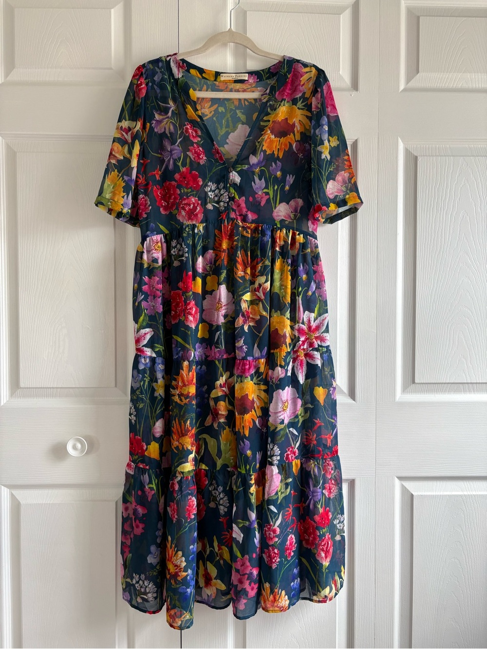Wayward Fancies Sheer Blue Tiered Maxi Floral Garden Party Dress M Easter V-Neck